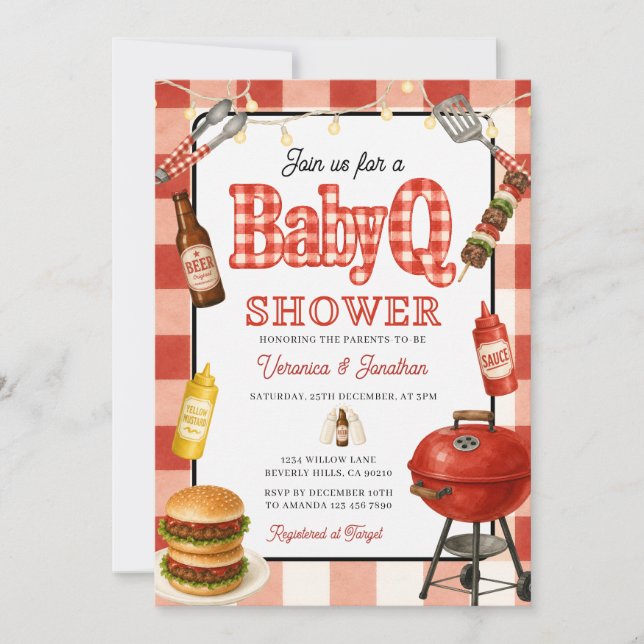 Invitation Fête bébé BBQ Jardin Grill Rouge Gingham (Devant)