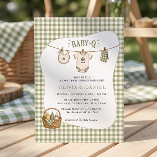 Invitation Fête Bébé BBQ Sage Gingham Rustique Personnalisée