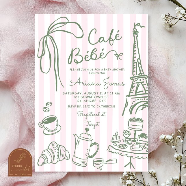Invitation Fête bébé Bebe Café Paris rayure rose Baby Shower (Créateur téléchargé)