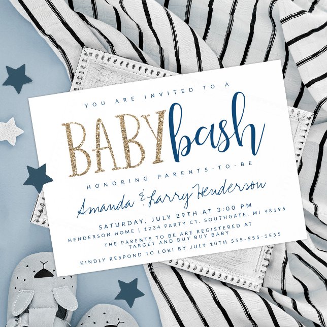 Invitation Fête bébé bleu et or, Baby Shower pour couples (Créateur téléchargé)