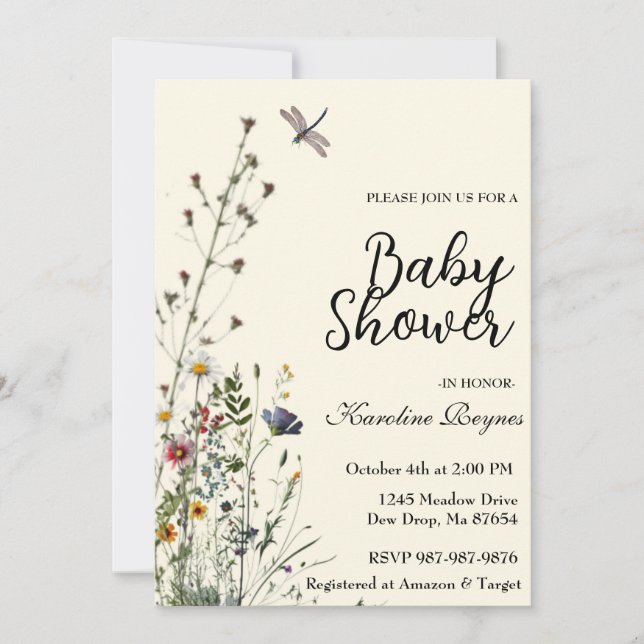 Invitation Fête Bébé Bohème Fleur Sauvage Libellule (Devant)