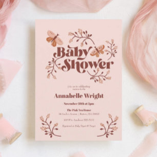 Invitation Fête bébé bohème Papillon Rose