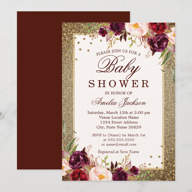 Invitation Fête bébé Burgundy Gold floral Sparkle (Devant / Derrière)