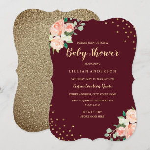 Invitation Fête bébé Burgundy Peach Gold Floral Confetti