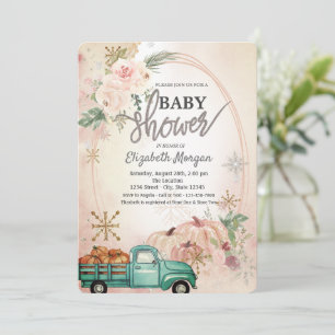 Invitation Fête bébé Camion vert citrouille, Roses, Flocons d