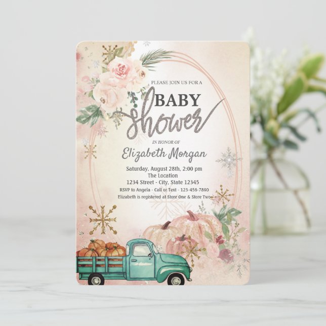 Invitation Fête bébé Camion vert citrouille, Roses, Flocons d (Debout devant)