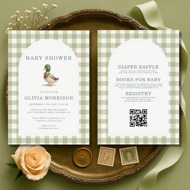 Invitation Fête Bébé Canard Colvert Gingham Tout en Un (Créateur téléchargé)