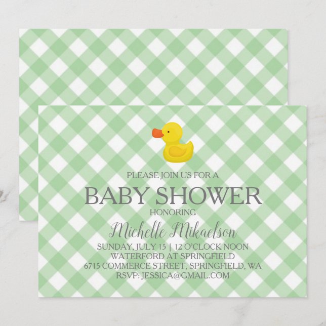 Invitation Fête bébé Canard en Caoutchouc Gingham Vert (Devant / Derrière)