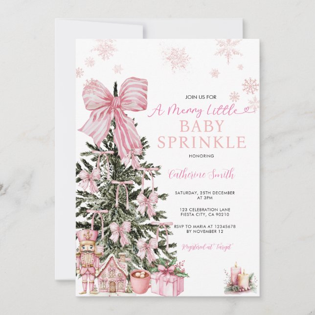 Invitation Fête bébé Casse-Noisette Flocons de neige Ruban ro (Devant)