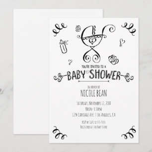 Invitation Fête bébé chariot fantaisie noir et blanc