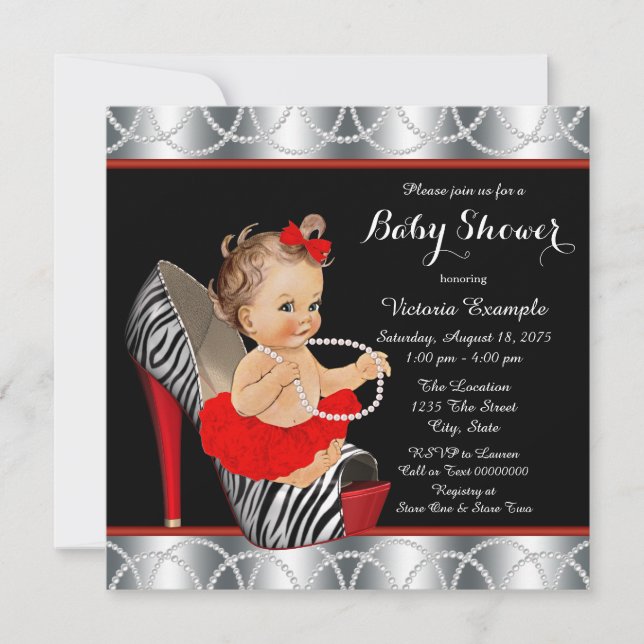 Invitation Fête bébé chaussure à talon tutu perle zèbre rouge (Devant)