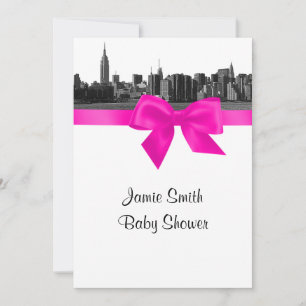 Invitation Fête bébé : ciel de NYC en noir et blanc avec rose