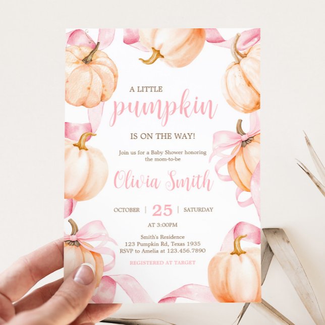 Invitation Fête bébé citrouille à ruban rose (Pink Bow Pumpkin Baby Shower Invitation)