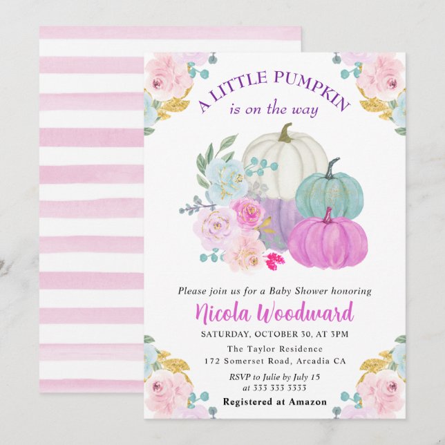 Invitation Fête bébé citrouilles de couleur pastel automne aq (Devant / Derrière)