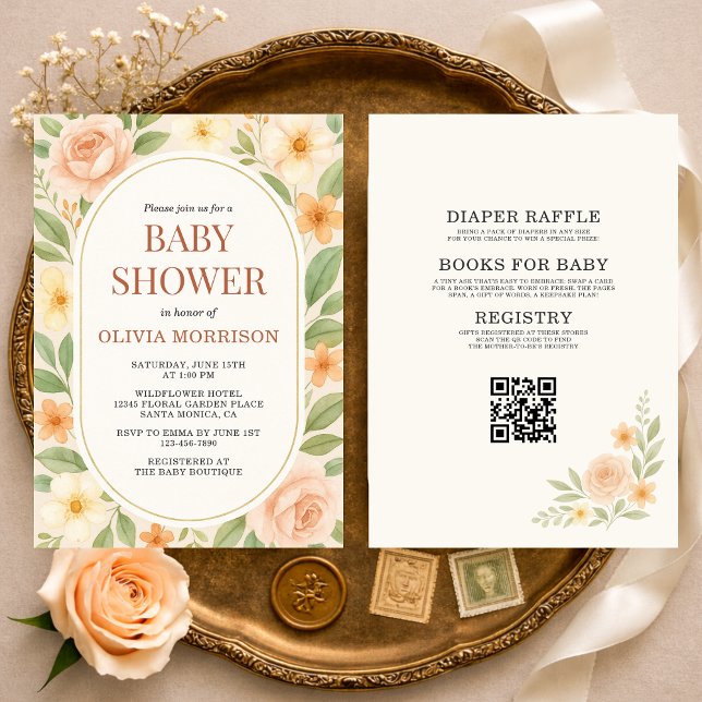 Invitation Fête bébé code QR Floral Fleur Sauvage Tout en Un (Créateur téléchargé)