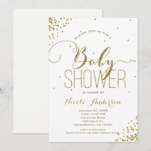 Invitation Fête bébé coins pailletés blanc et or glamour