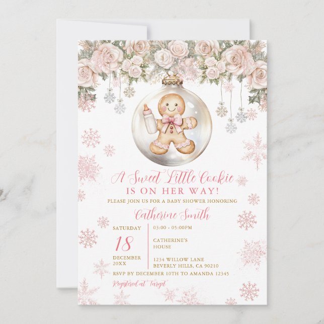 Invitation Fête bébé Cookies au gingembre à ruban rose Noël (Devant)