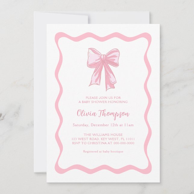 Invitation Fête Bébé Coquette Ruban Rose  (Devant)