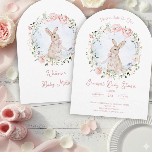 Invitation Fête bébé Couronne de fleurs sauvages et lapin de  (Créateur téléchargé)