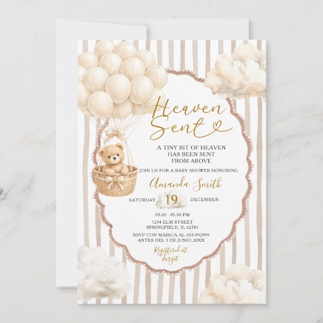 Invitation Fête Bébé Douce Rayure Ours Beige Envoyé du Ciel  (Devant)