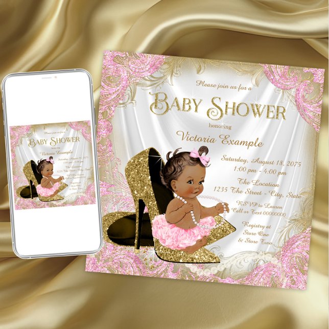 Invitation Fête bébé ethnique chaussure à paillettes or rose  (Pink gold high heel shoe baby shower invitation. Download and printed invitations available.)