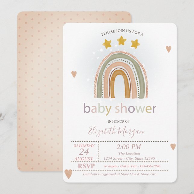 Invitation Fête bébé Étoiles Arc-en-ciel Cœurs, pois  (Devant / Derrière)