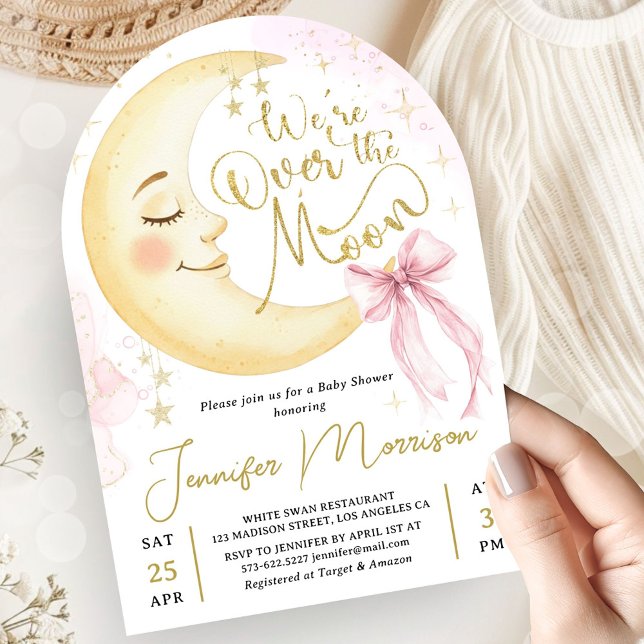 Invitation Fête Bébé Fille Arc Rose Douce Sous La Lune (Créateur téléchargé)