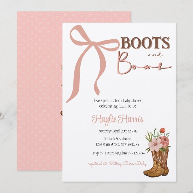 Invitation Fête bébé fille Bottes et Arcs (Devant / Derrière)