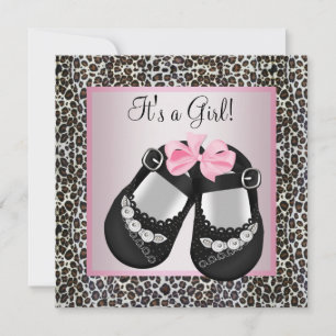 Invitation Fête bébé fille chaussures noires roses léopard ro