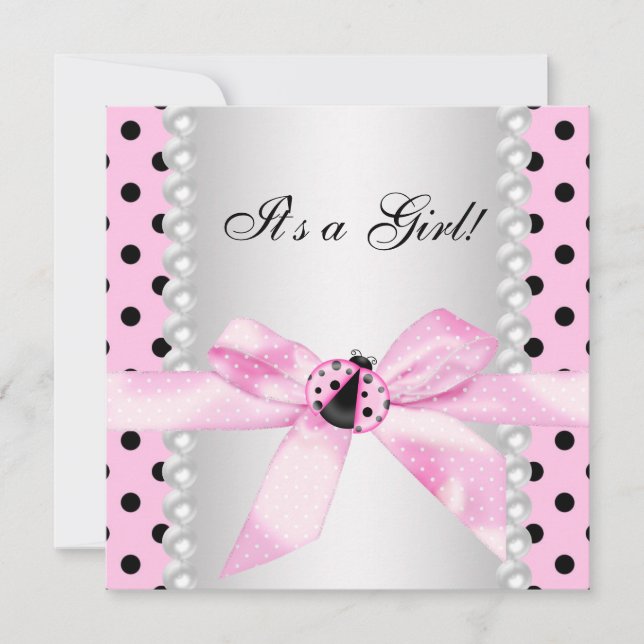 Invitation Fête Bébé Fille Coccinelle Rose Perles Noires (Devant)