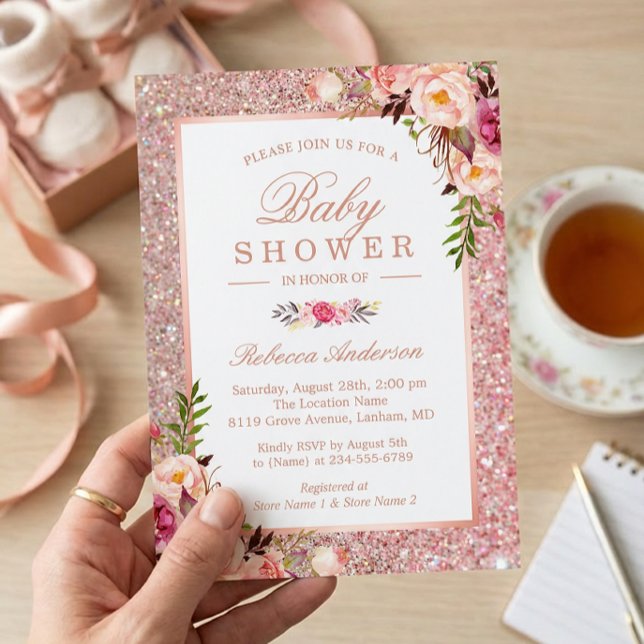 Invitation Fête bébé fille fleurs rose pailleté or rose (Créateur téléchargé)