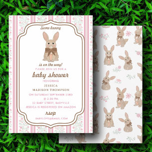 Invitation Fête bébé fille Lapin Floral Ruban Coquette