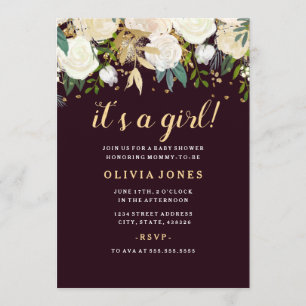 Invitation Fête bébé fille paillettes floral bordeaux