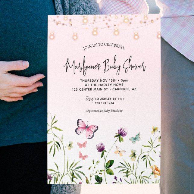 Invitation Fête bébé Fille Papillon Fleur Sauvage (Créateur téléchargé)