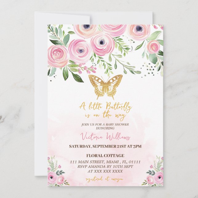 Invitation Fête bébé fille papillon floral rose  (Devant)