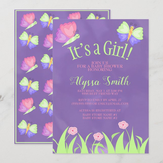Invitation Fête bébé fille papillons rose vert violet (Devant / Derrière)