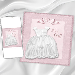 Invitation Fête bébé fille rose robe blanche dentelle rose