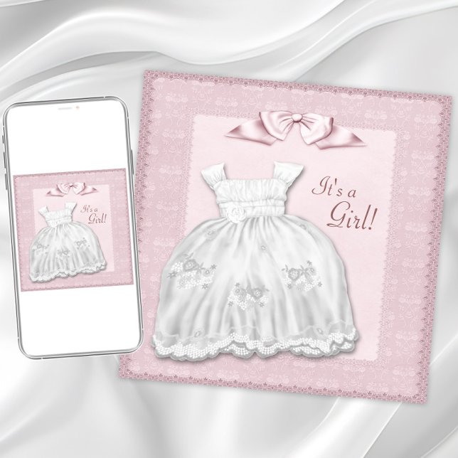 Invitation Fête bébé fille rose robe blanche dentelle rose (Créateur téléchargé)