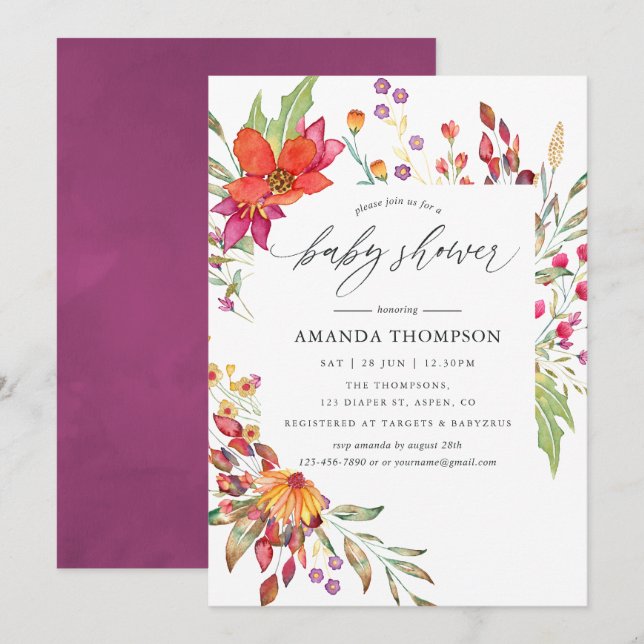 Invitation Fête bébé Fleur sauvage Aquarelle (Devant / Derrière)