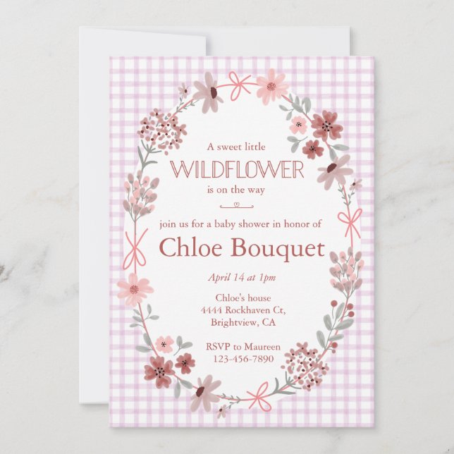 Invitation Fête bébé Fleur sauvage Violette Gingham 006 (Devant)