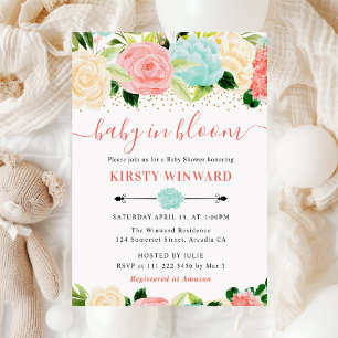 Invitation Fête bébé Fleurs rose et menthe à l'aquarelle