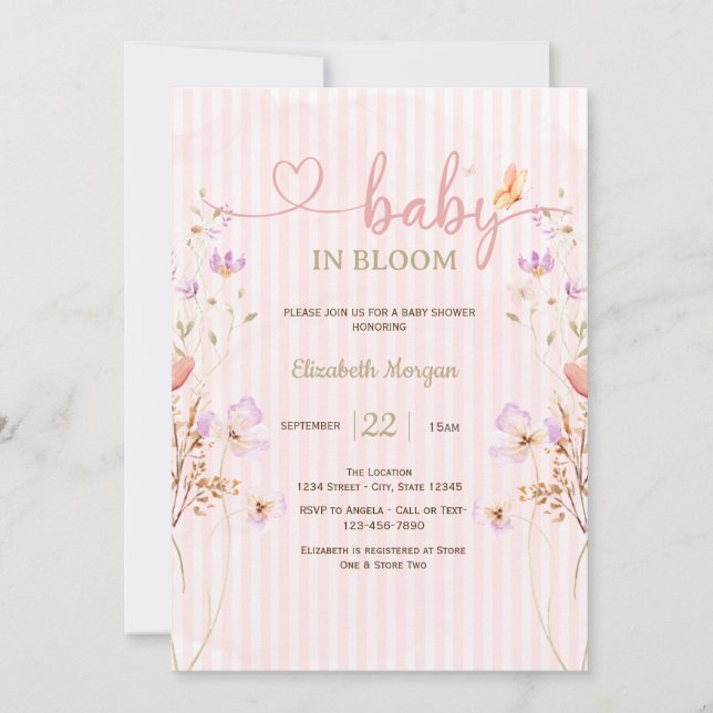 Invitation Fête bébé Fleurs sauvages papillons  Rayures Lilas (Devant)