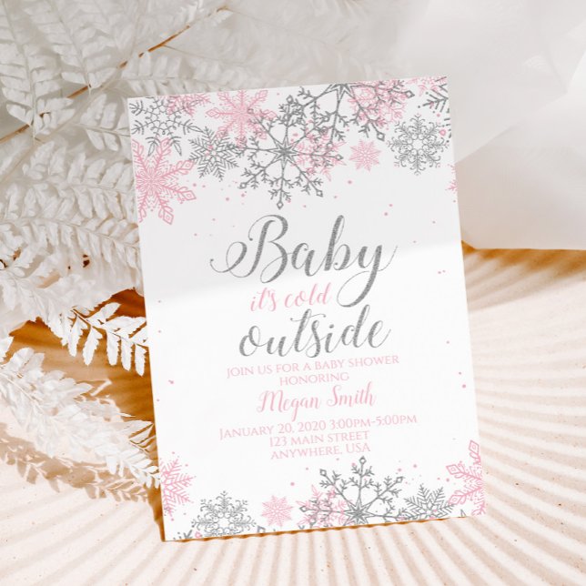 Invitation Fête bébé: Flocons de neige rose et paillettes arg (Créateur téléchargé)
