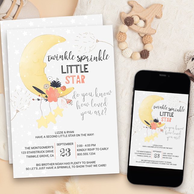 Invitation Fête bébé Floral Lune scintillante (Twinkle twinkle little star baby sprinkle invitation)