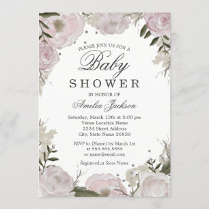 Invitation Fête bébé florale étincelante rose argenté