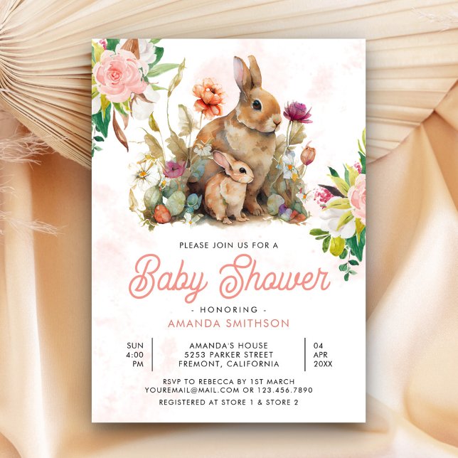Invitation Fête bébé florale lapin maman et bébé (Créateur téléchargé)