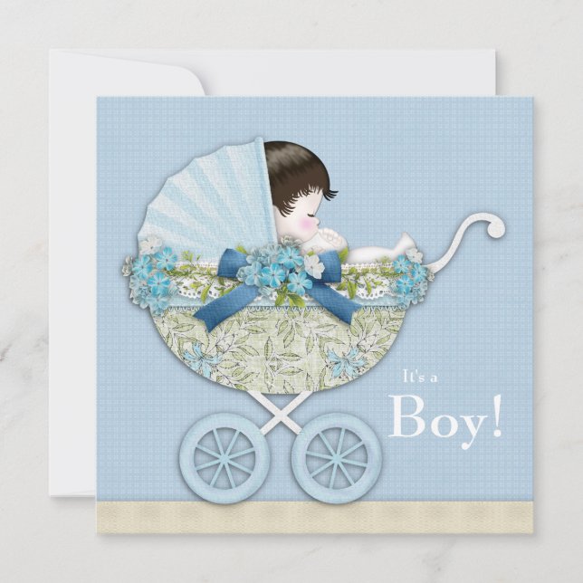 Invitation Fête Bébé Garçon Beige Bleu Bébé Poussette (Devant)