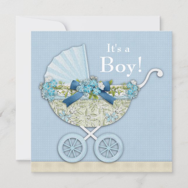 Invitation Fête Bébé Garçon Beige Bleu Bébé Poussette (Devant)