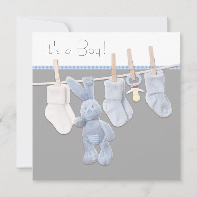 Invitation Fête bébé garçon Bleu et Gris sur fil à linge (Devant)
