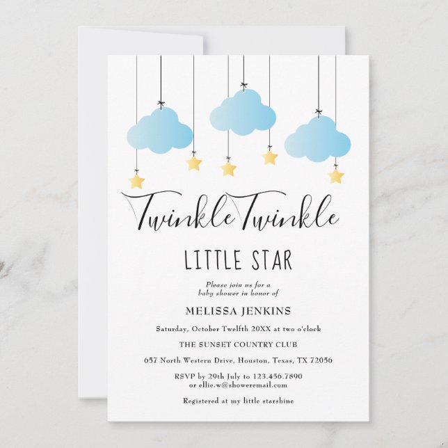 Invitation Fête Bébé Garçon Bleu Twinkle Twinkle Little Star (Devant)